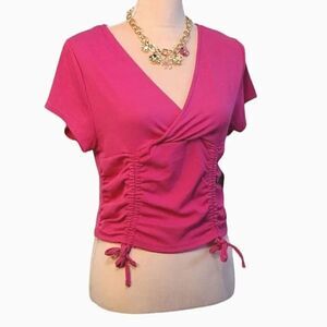 One Step Up Hot Pink Ruched Tie Front Ribbed Cropped TShirt XL NWT